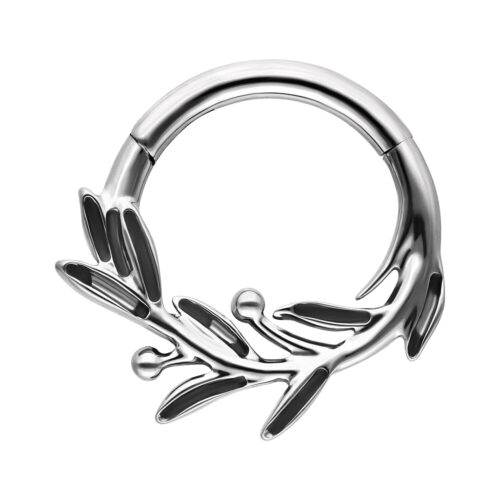Silberner Olive Branch Clicker in Olivenzweig-Design auf weißem Hintergrund