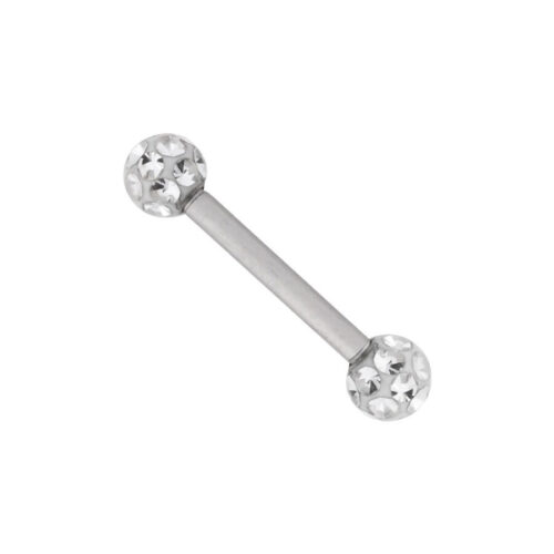 Silberner Titan Barbell mit klaren Kristallkugeln auf weißem Hintergrund