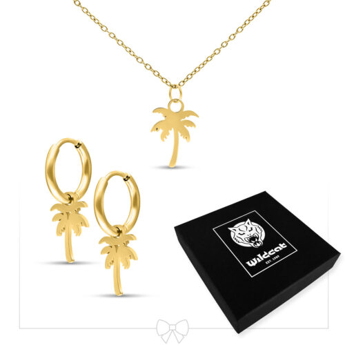 Goldene Kette mit Palmenanhänger und passende Creolen auf weißem Hintergrund, schwarze Schmuckbox daneben