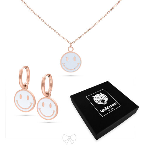 Roségoldenes Schmuckset mit Smiley-Anhänger und Ohrringen, schwarze Schachtel