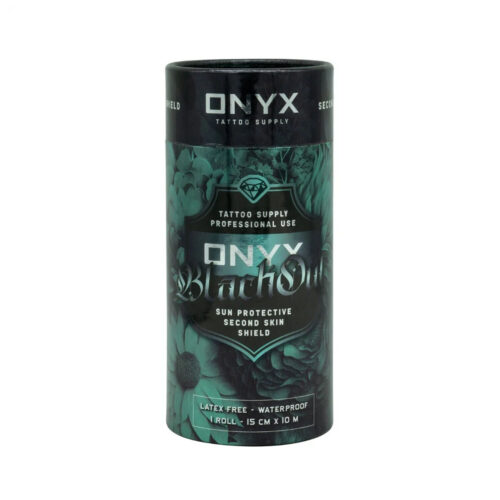 Zylinderförmige Verpackung mit grün-schwarzem Design und Aufschrift 'Onyx' auf weißem Hintergrund