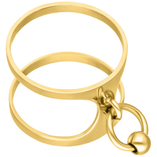 Goldener Ring mit zwei Bändern und Kugelanhänger auf weißem Hintergrund