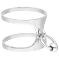 Silberner Ring aus Chirurgenstahl mit zwei offenen Reifen und Kugeldetail, isoliert auf weißem Hintergrund