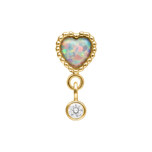 Goldener Herzaufsatz mit schimmerndem Opal und rundem Zirkonia-Anhänger auf weißem Hintergrund