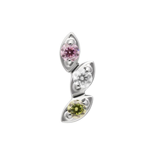 Silberner Piercing-Aufsatz mit rosa, klaren und grünen Kristallen auf weißem Hintergrund