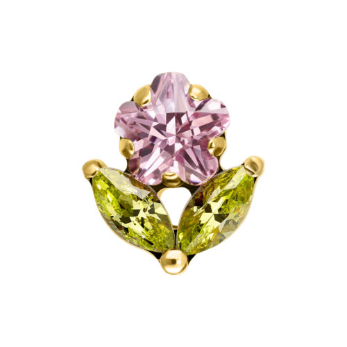 Goldener Piercingstecker mit rosa Blütenkristall und zwei grünen Blättern auf weißem Hintergrund