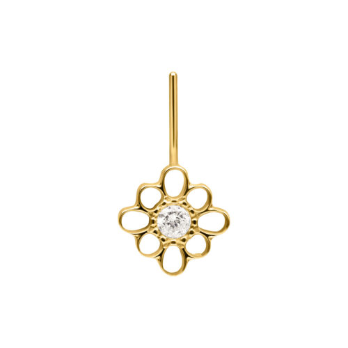 Goldener Blumenaufsatz mit Kristall in der Mitte auf weißem Hintergrund