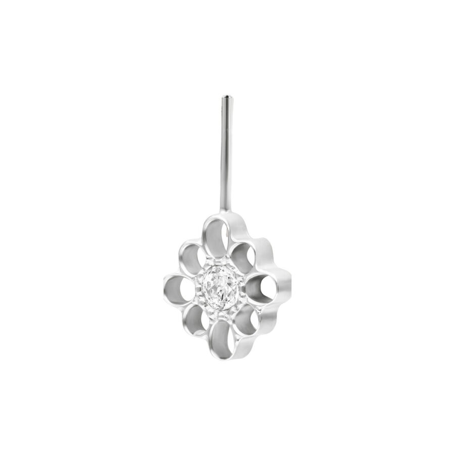 Weißgoldener Blumenaufsatz mit kristallklarem Stein, vertikales Design, auf weißem Hintergrund