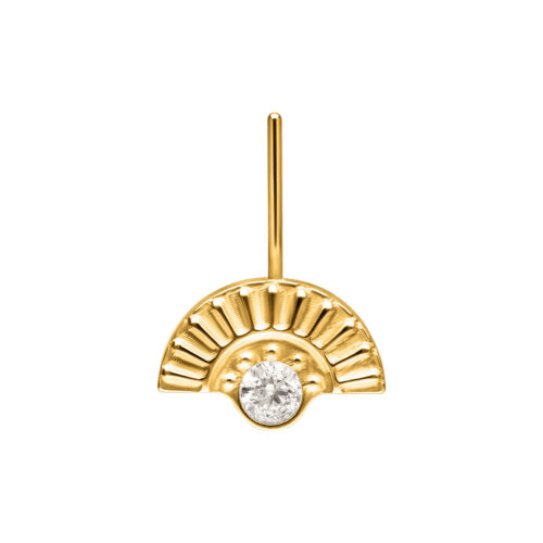 Weißgoldener Piercingaufsatz mit geriffeltem Design und klarem Kristall auf weißem Hintergrund