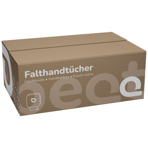 Brauner Karton mit der Aufschrift 'Falttücher', neutrale Verpackung