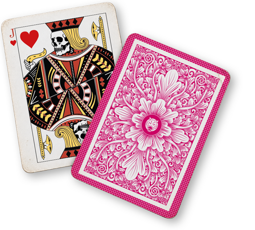 Spielkarte mit Totenkopf-Motiv links, rosa Rückseite rechts, grauer Hintergrund