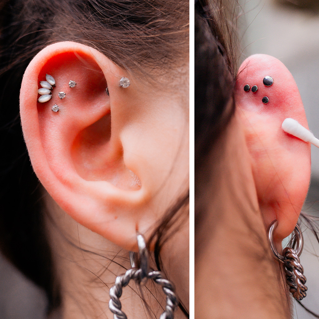 Nahaufnahme von Ohr mit mehreren silbernen Piercings, darunter PushFit Schmuck, auf hellem Hintergrund