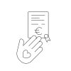 Hand mit Herzsymbol hält ein Dokument mit Euro-Zeichen und Siegel auf weißem Hintergrund